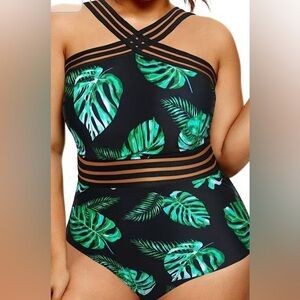 Younique women Jungle Leaf One Piece Swimsuit - Black and Green